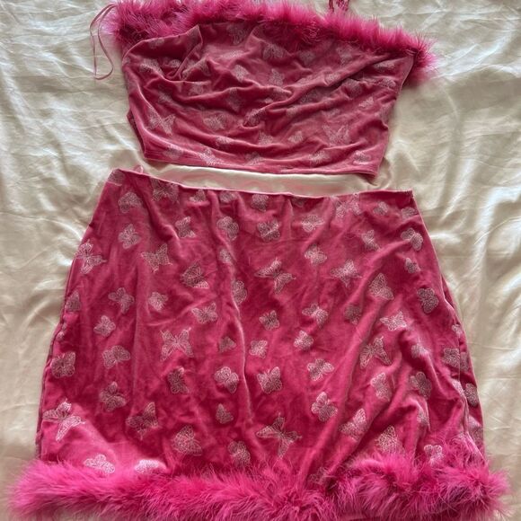 Pink Feather Trim Skirt and Top set - Picture 1 of 4